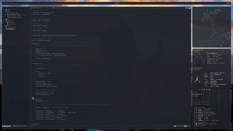 A screenshot of my desktop setup showcasing CLI apps in a tiling window manager.