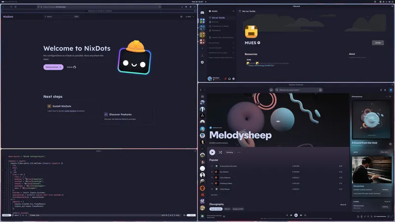 A screenshot of my NixOS setup showing a GNOME desktop with a selection of applications that can be styled using Stylix.